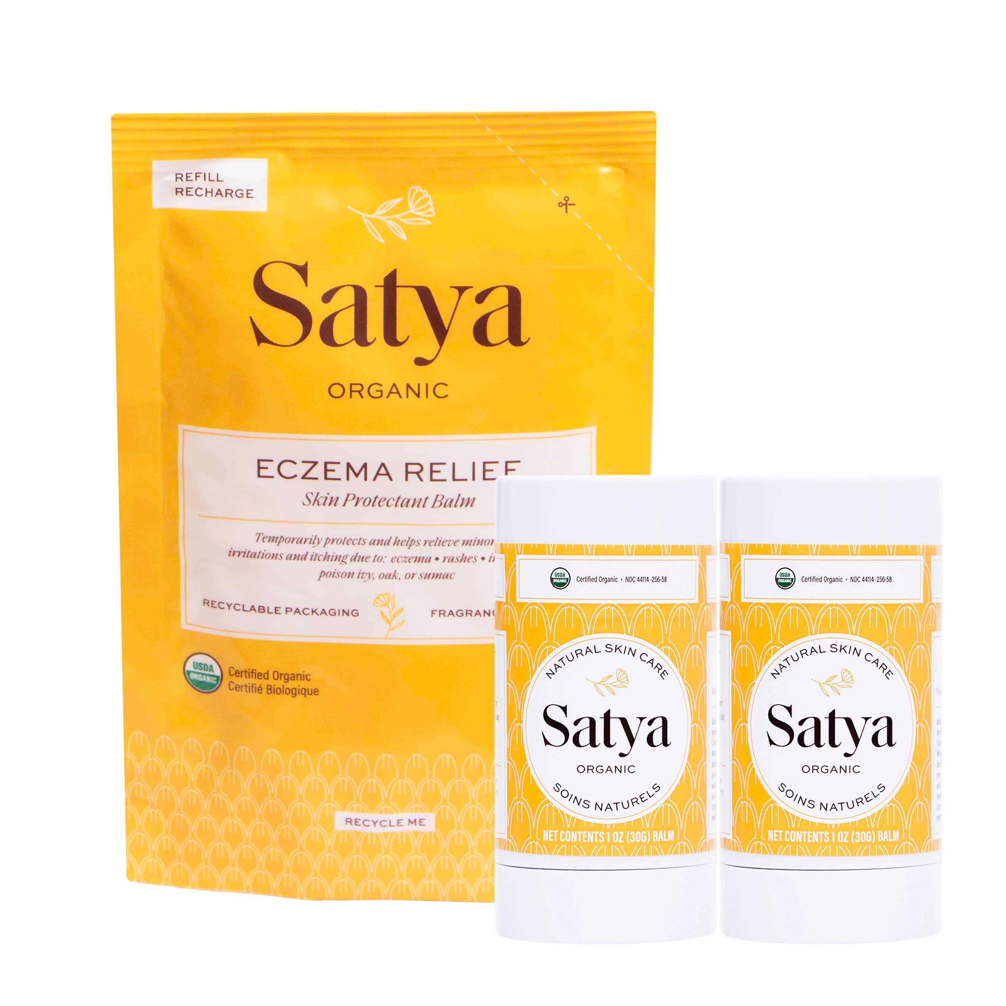 Satya Refill Pouch and two Satya Eczema Relief Sticks