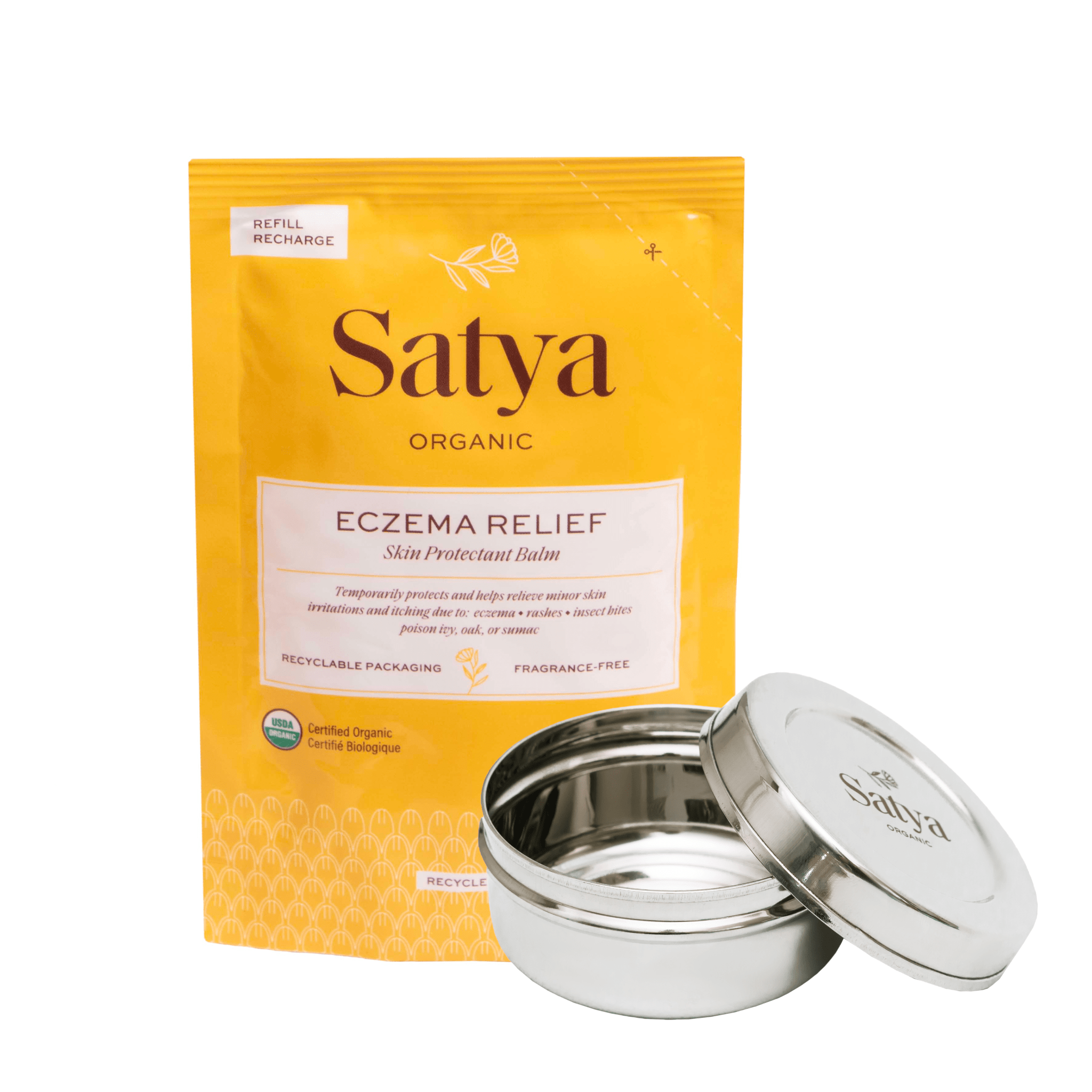 Satya Organic Eczema Relief refill pouch and a Satya Stainless Steel container